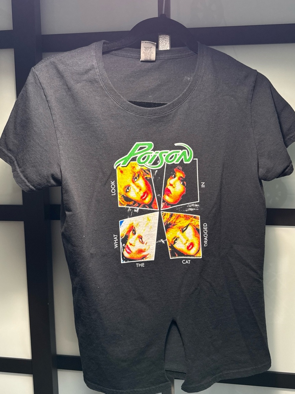 Gildan Black Crop Tee with Neon Green Poison Logo and Multicolor Faces